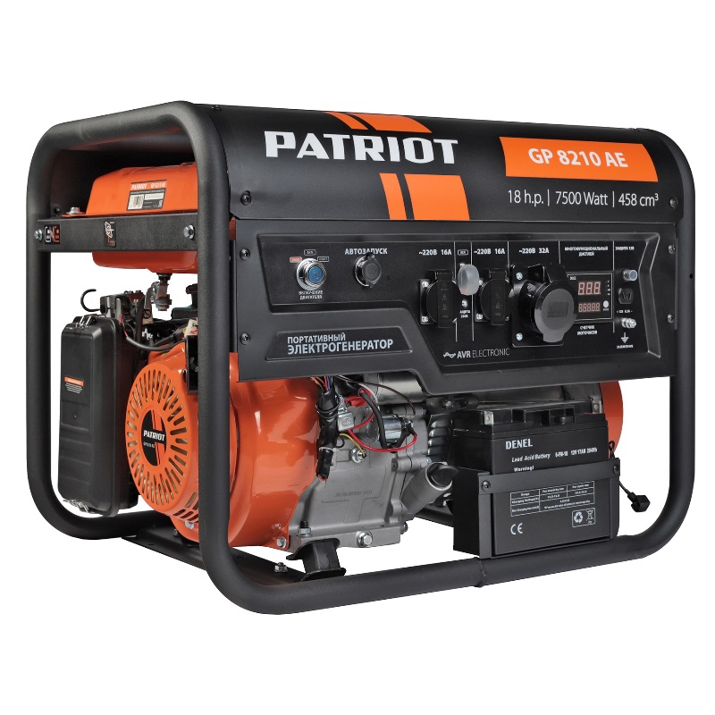 Бензиновый генератор с электрозапуском Patriot GP 8210AE (однофазный, 7 кВт, 4-х тактный мотор) генератор бензиновый patriot gp 3810l 474101545