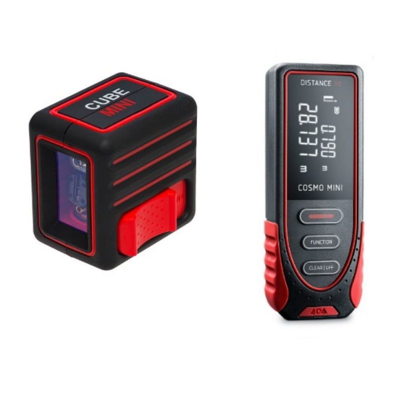 Комплект лазерных приборов Ada А00585: уровень линейный Cube MINI Basic Edition + дальномер Cosmo MINI лазерный дальномер ada cosmo 70 а00429 вес 105 г точность 1 5 мм красный луч