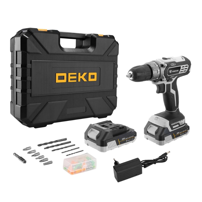 Дрель-шуруповерт аккумуляторная Deko DKCD20 Black Edition SET 3 в кейсе + набор 63 инструмента, 20В, 2*2.0 Ач