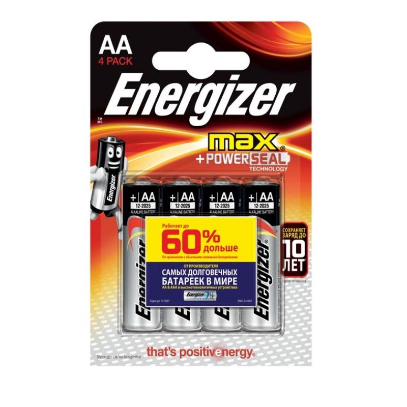 Пальчиковые батарейки Energizer MAX E91 АА (4 шт.) элемент питания energizer max e92 aaa bp 2 ru e300157203