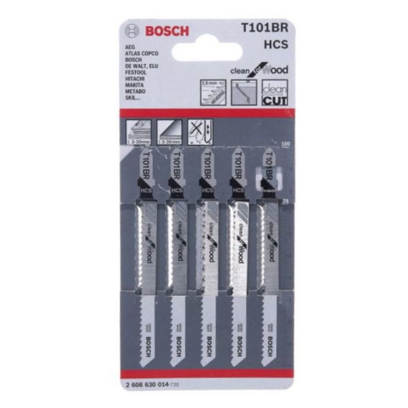 Пилки для лобзика Bosch 2.608.630.014 (T101BR, HCS, 5 шт.) пилки для лобзика по дереву d bor hcs clean cut hard wood 75 100 2 5мм t101br 3102 2шт d 105 100c1r 02