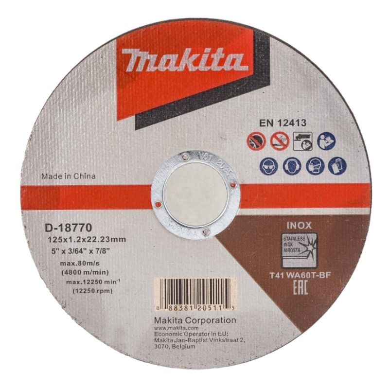 Абразивный отрезной диск для нержавеющей стали плоский Makita WA60T 125х1,2х22,23 D-18770 диск отрезной по нержавеющей стали луга 16459 150х22х1 2 мм абразивный инструмент