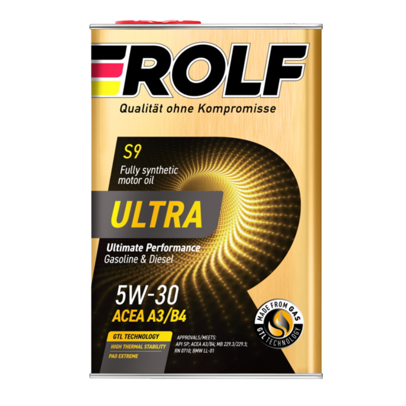 Синтетическое моторное масло Rolf Ultra S9 5W-30 A3/B4 SP, 4л металл  9378078 синтетическое моторное масло rolf ultra 5w 30 c3 sn cf 4л металл 9375341