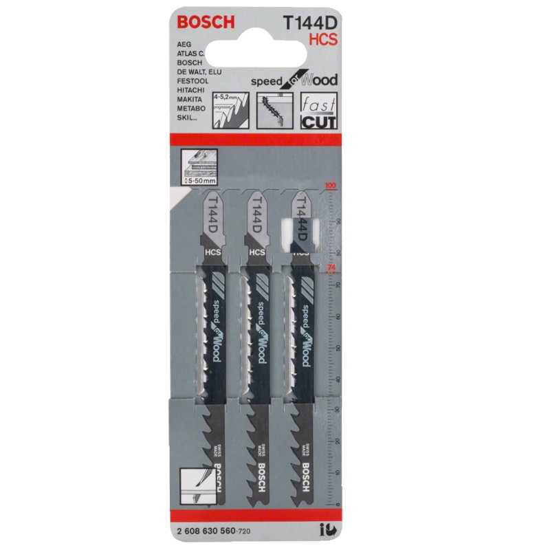Лобзиковые пилки Bosch T 144 D, HCS 2608630560 3 шт. лобзиковые пилки bosch t 144 d hcs 2608630560 3 шт