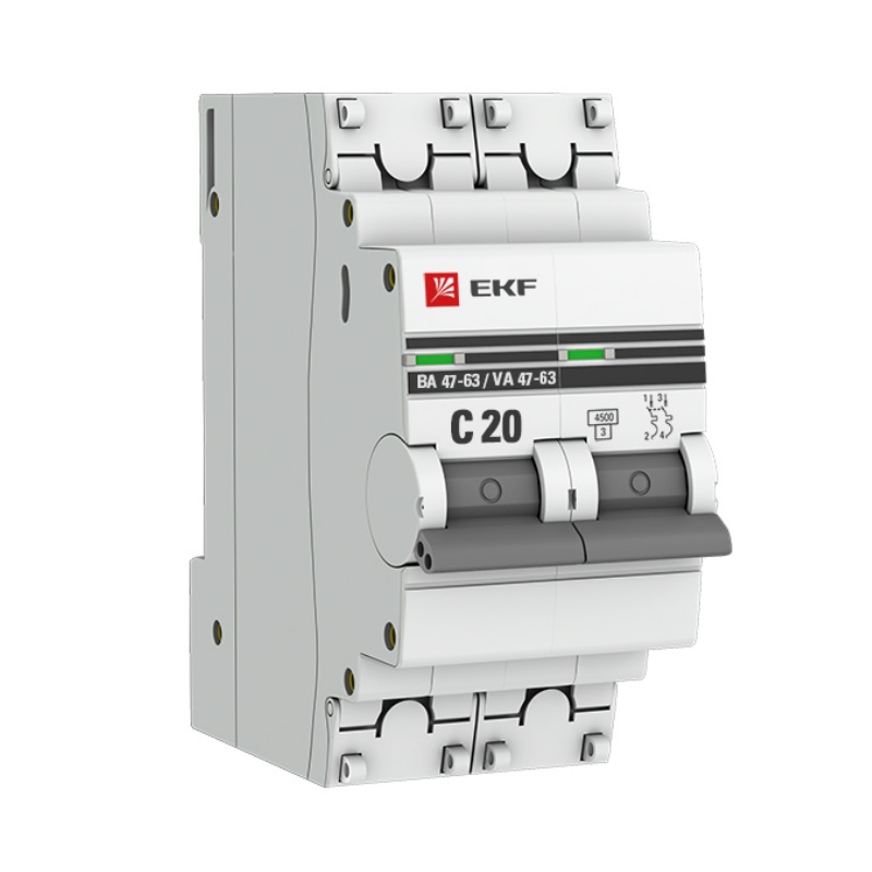 Автоматический выключатель EKF PROxima ВА 47-63 20А/2Р, 4.5кА, C20 контакт состояния на din рейку tdm