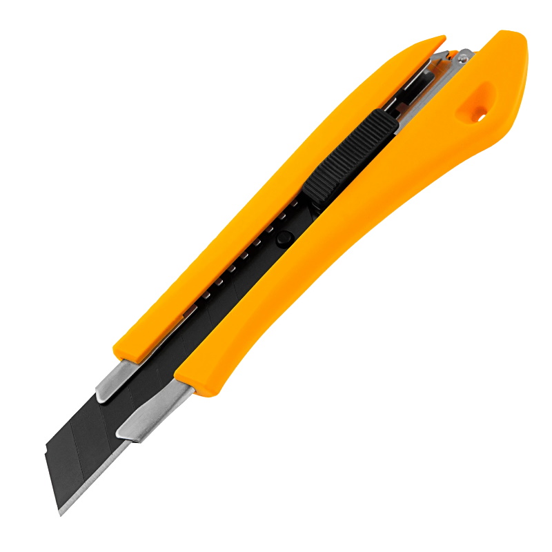 Нож Denzel 78942, 18 мм, сменное лезвие, SK4, метал. направляющая, нажимной фиксатор