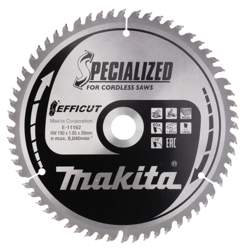 Пильный диск Makita EFFICUT E-11162, для дерева, 190x20x1.85/1.35x60T нож для триммера makita da00000181 4 зуба d 230x25 4 мм