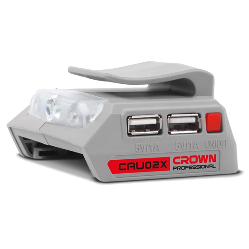 Силовой адаптер для зарядки гаджетов Crown CAU02X 20В B3+, 2хUSB-А, 5В/1А, LED-фонарь