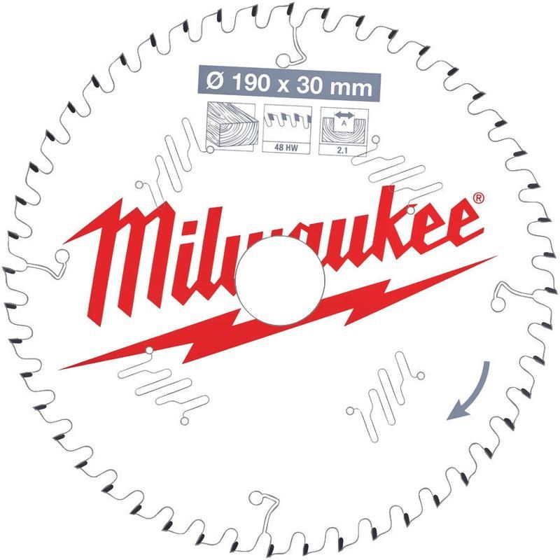Пильный диск по дереву для циркулярной пилы Milwaukee, 190x30x2,1x48, скошенные зубья, 4932471380