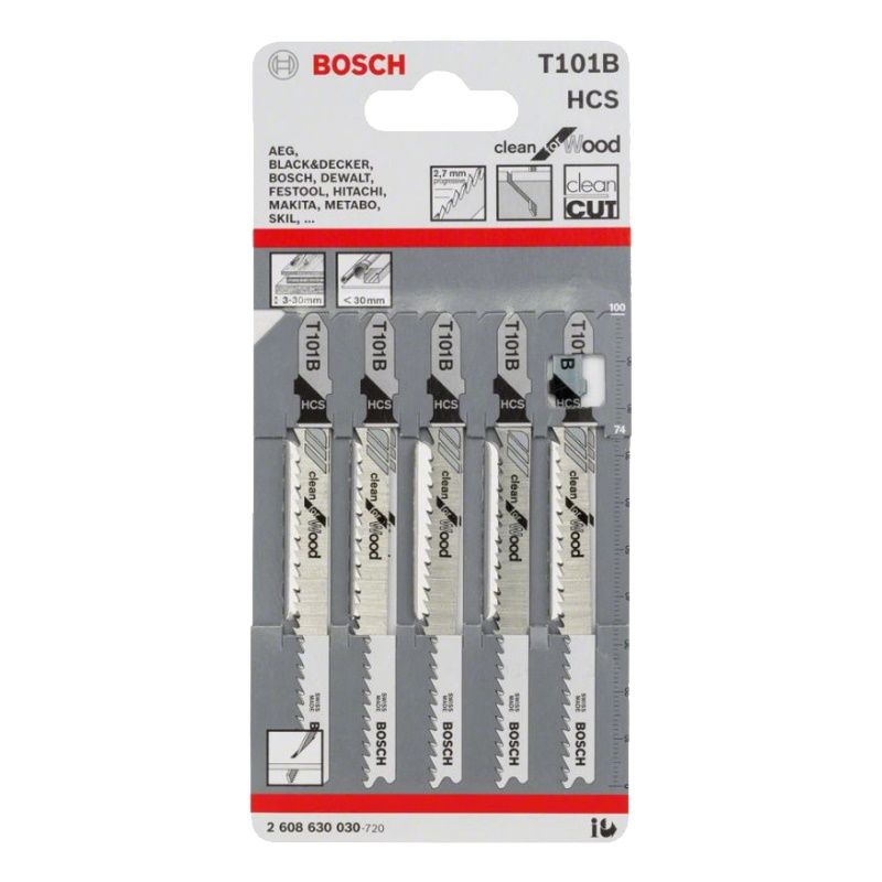 Пилки для лобзика Bosch 2.608.630.030 (T101B, HSS, 5 шт.) пилки для лобзика по дереву d bor hcs clean cut hard wood 75 100 1 7 мм t101b 3101 2шт d 105 100c1 02