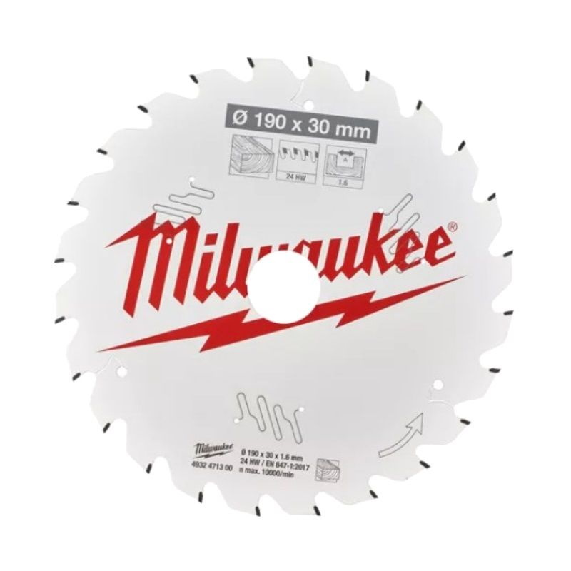 Пильный диск по дереву для циркулярной пилы Milwaukee, 190x30x1,6x24, скошенные зубья, 4932471300