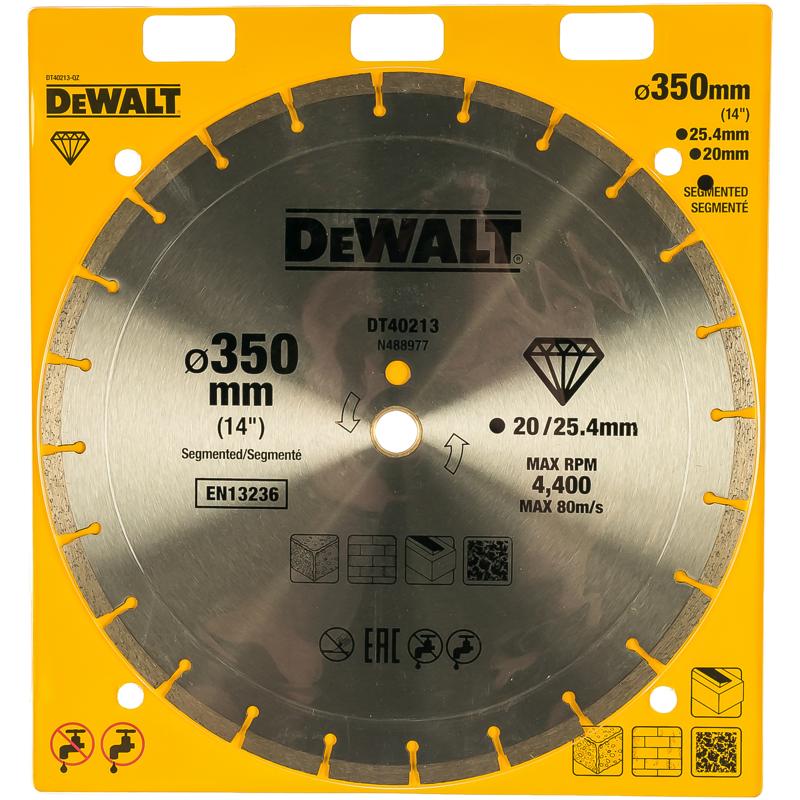 Алмазный диск DeWalt DT40213-QZ, 350х25.4/20 мм алмазный диск dewalt dt3731 qz 230х22 2 мм бетон сегментный тип высота кромки 7 мм