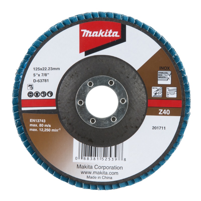 Лепестковый диск Makita D-63781 125x22.23 мм, Z40, стекловолокно, угловой круг отрезной по металлу kraftool 36250 125 2 5 125x22 23